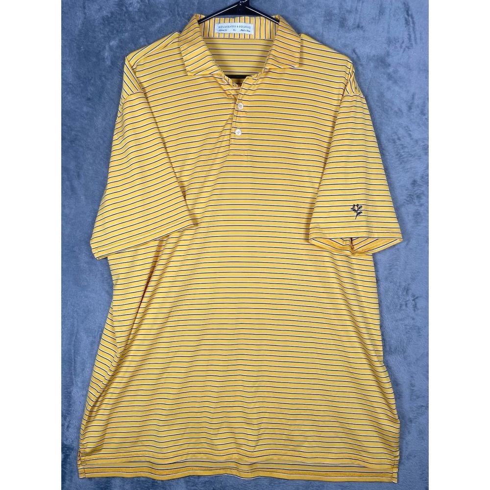 Holderness & Bourne Mens XL Tailored Fit Striped Golf Polo Shirt Yellow Navy
